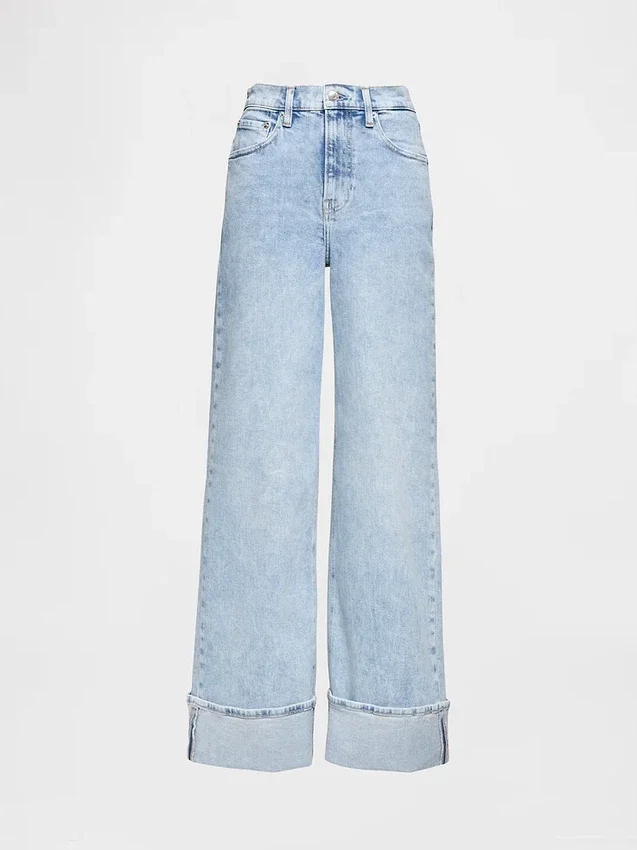Jeans med høy midje, bredt ben og oppbrett