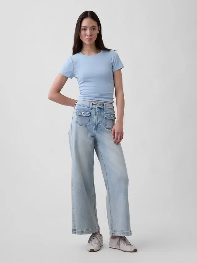 Jeans med høy midje, vid benvidde og ankelengde