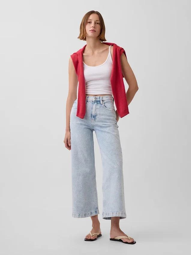 Jeans med høy midje, vid benvidde og ankelengde