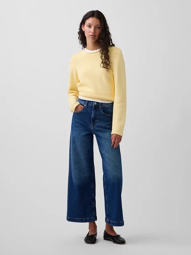Jeans med høy midje, vid benvidde og ankelengde