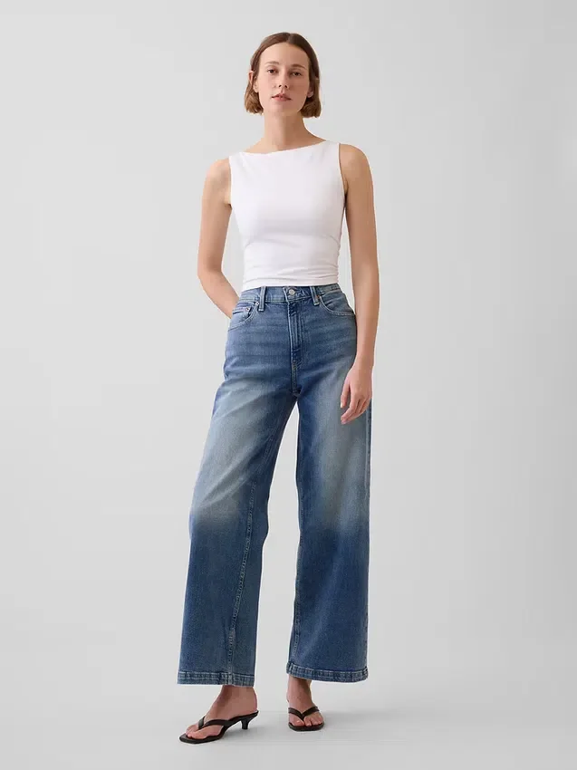 Jeans med høy midje, vid benvidde og ankelengde