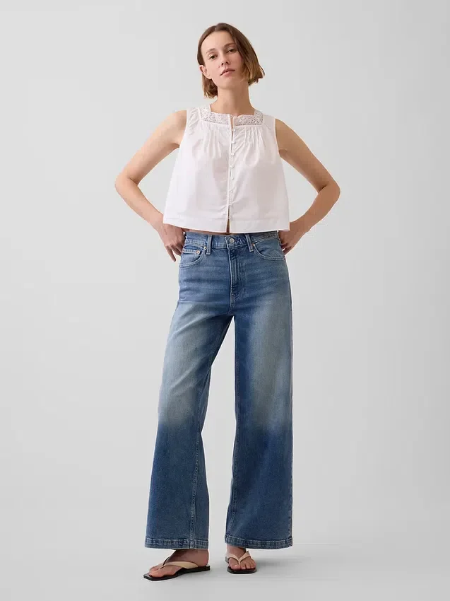Jeans med høy midje, vid benvidde og ankelengde