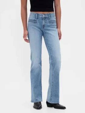 Jeans med lav midje, flettede lommer, lang og slank passform