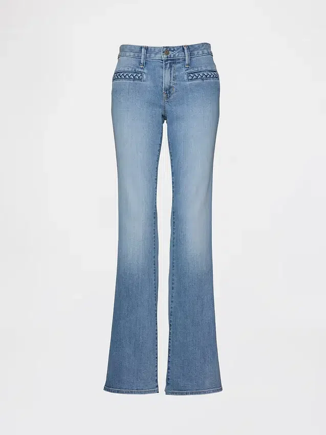 Jeans med lav midje, flettede lommer, lang og slank passform