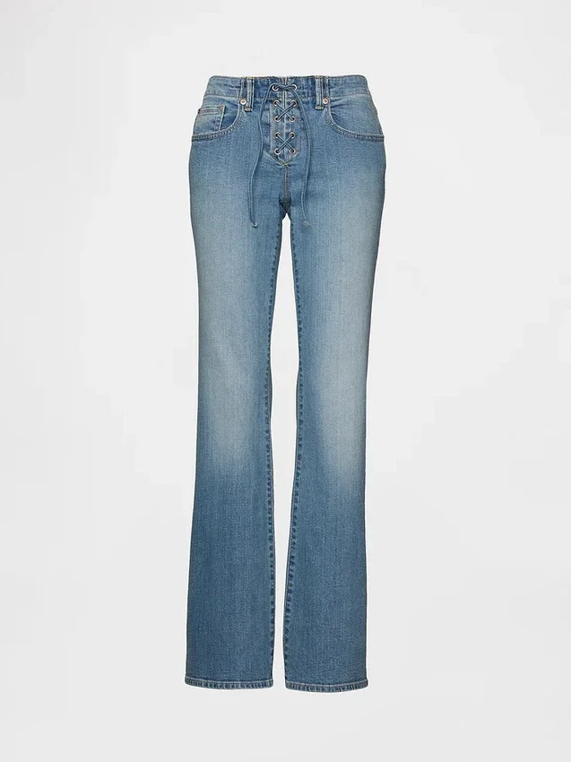 Jeans med lav midje, lang og slank passform og snøring