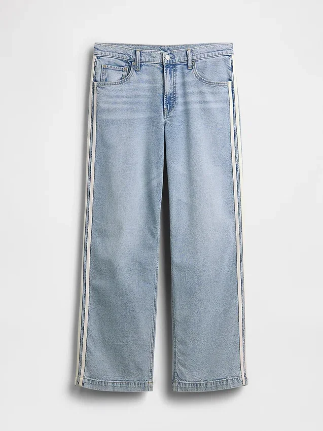 Jeans med lav midje, løs passform og sidestriper i 90-tallsstil