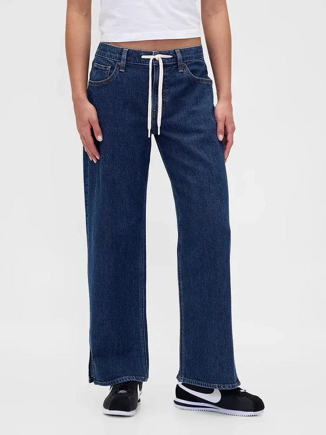 Jeans med lav midje, snøring og løs passform i 90-tallsstil