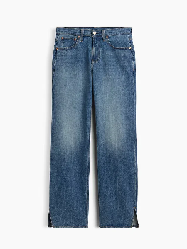 Jeans med middels høy midje, splittet kant og avslappet, rett passform
