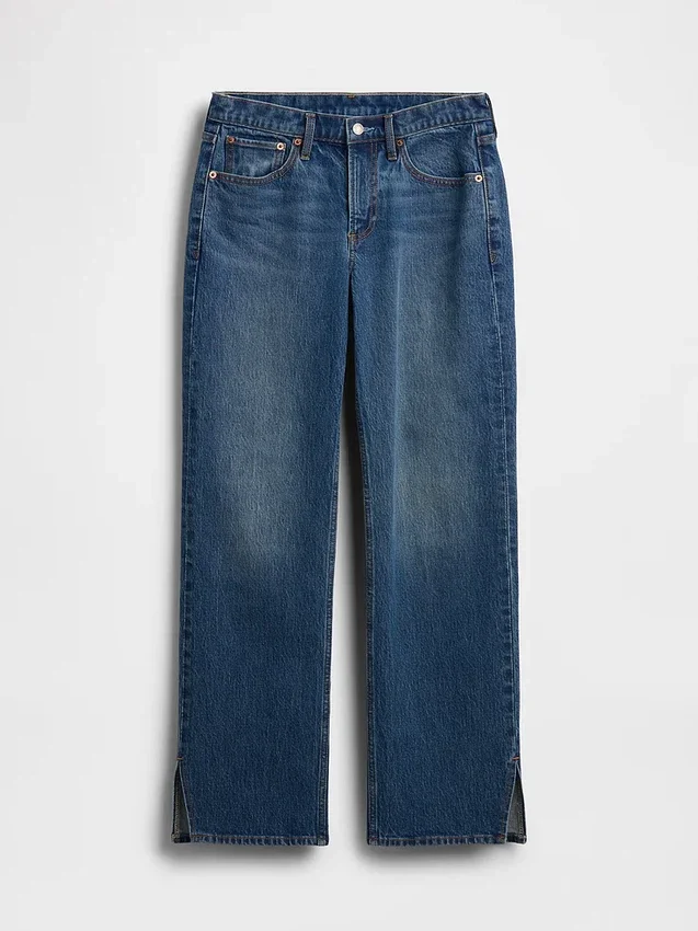 Jeans med middels høy midje, splittet kant og avslappet, rett passform