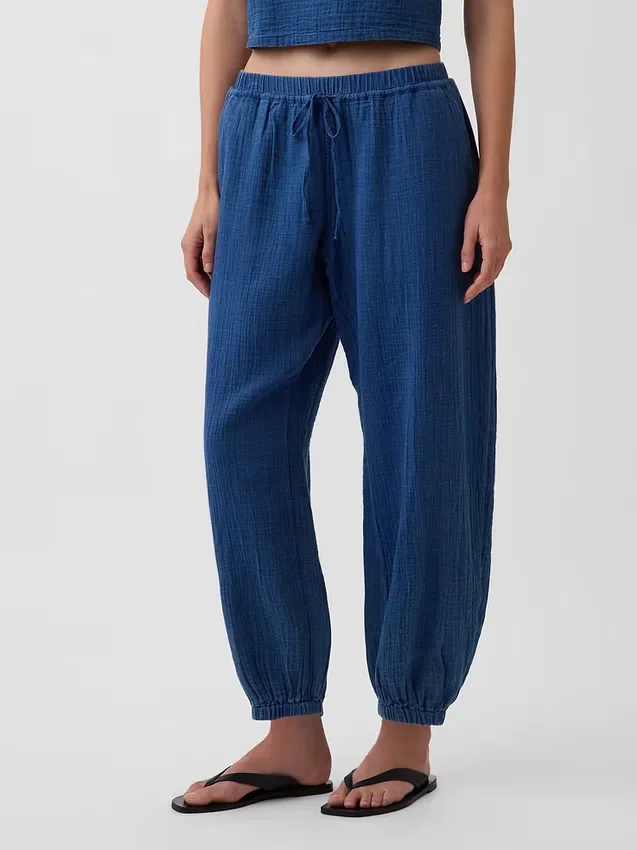 Joggebukse i bomullsgasbind-denim med vid passform