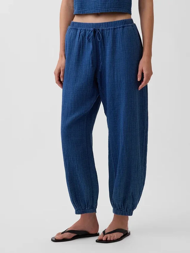 Joggebukse i bomullsgasbind-denim med vid passform