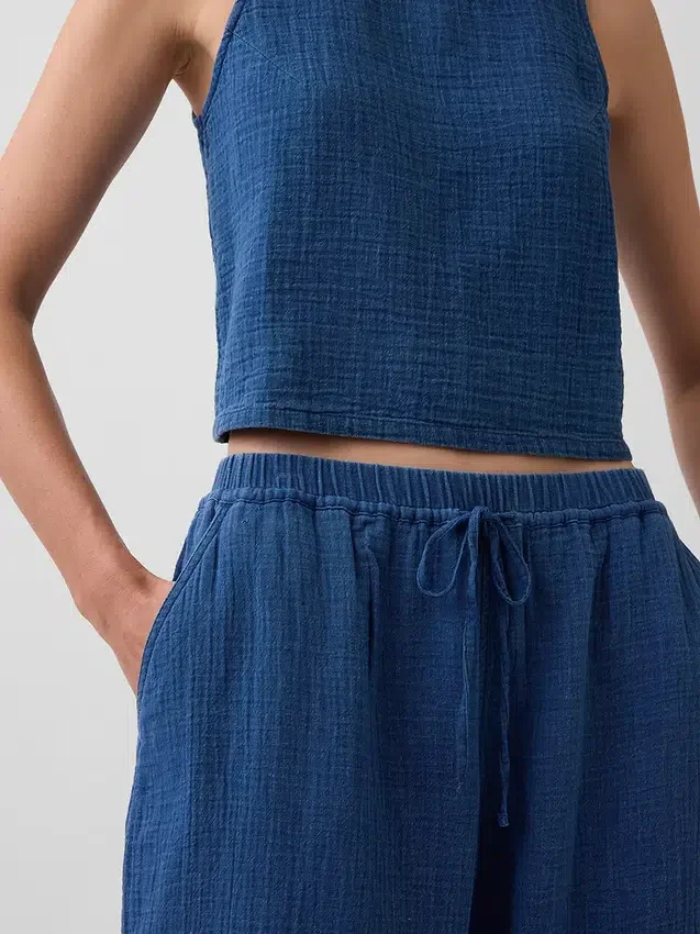Joggebukse i bomullsgasbind-denim med vid passform