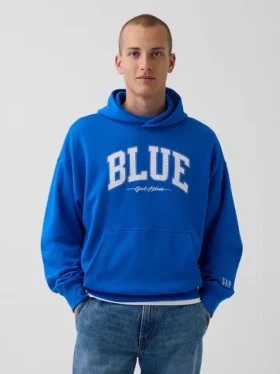 Kjøp blå, tykk French Terry-hettegenser med logo