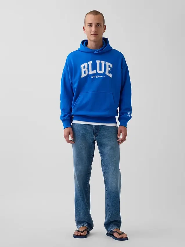 Kjøp blå, tykk French Terry-hettegenser med logo