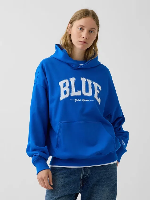 Kjøp blå, tykk French Terry-hettegenser med logo