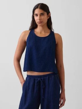 Kort denim-tanktop i bomullsgasbind