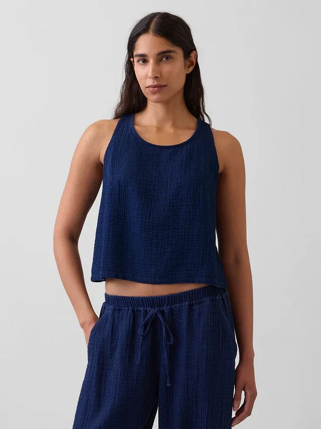 Kort denim-tanktop i bomullsgasbind