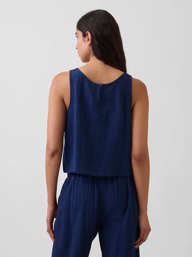 Kort denim-tanktop i bomullsgasbind