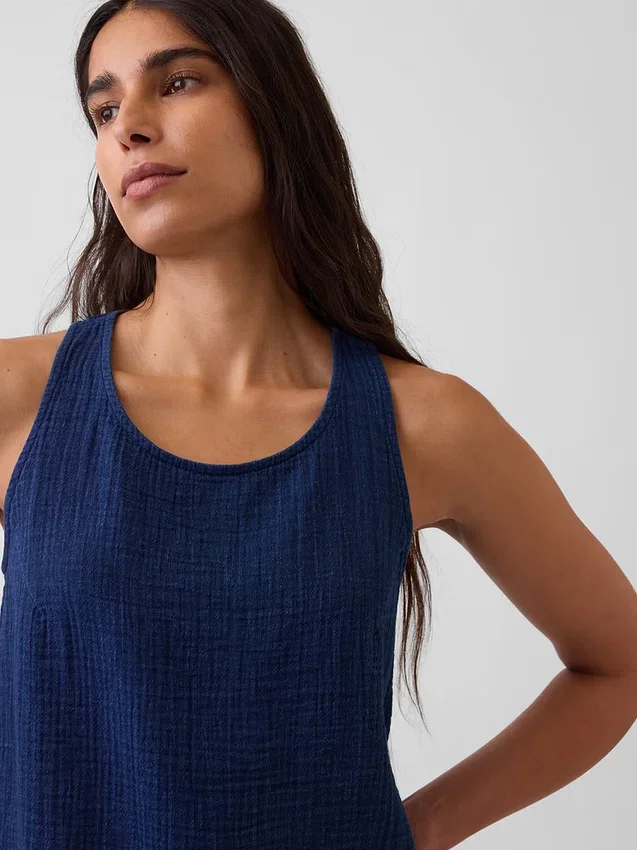 Kort denim-tanktop i bomullsgasbind