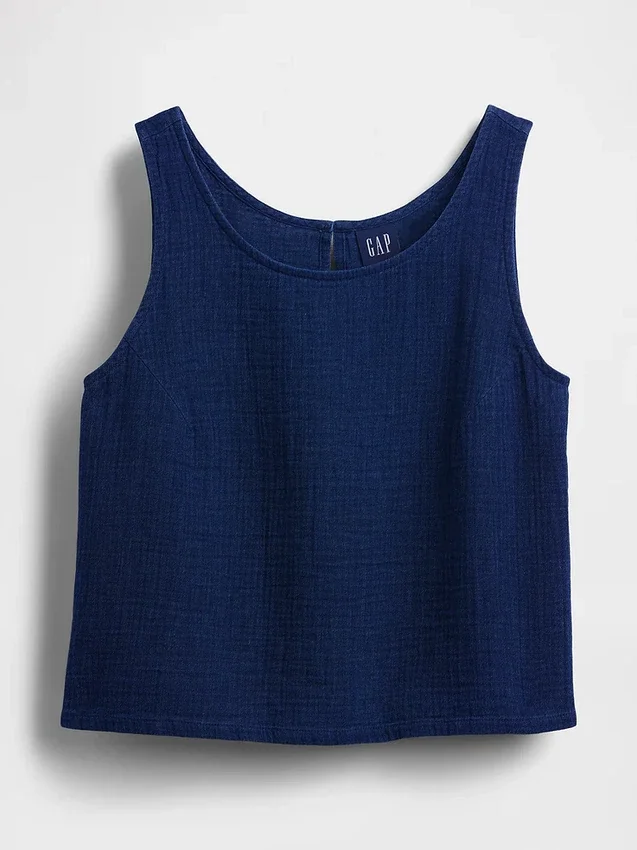 Kort denim-tanktop i bomullsgasbind