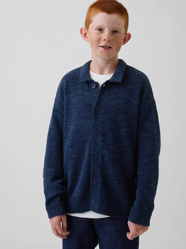 Løs polo-cardigan-genser for barn