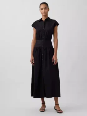 Maxi-skjortekjole i poplin med lav midje