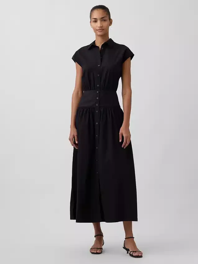 Maxi-skjortekjole i poplin med lav midje