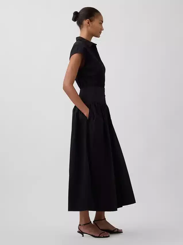 Maxi-skjortekjole i poplin med lav midje