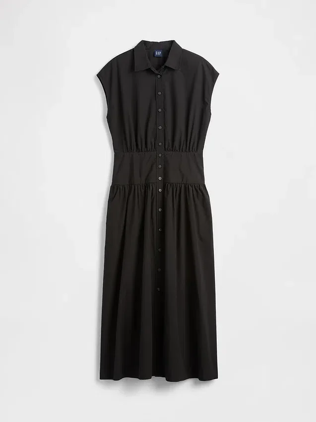 Maxi-skjortekjole i poplin med lav midje
