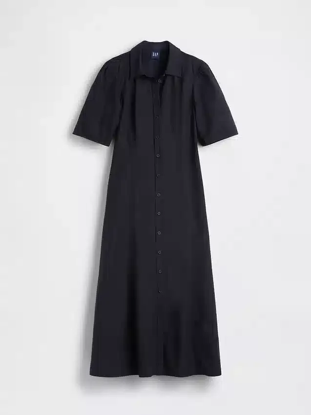 Maxi-skjortekjole med tønneformede ermer