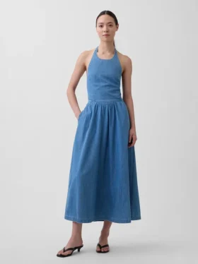 Maxikjole i denim med halterneck og bånd i ryggen
