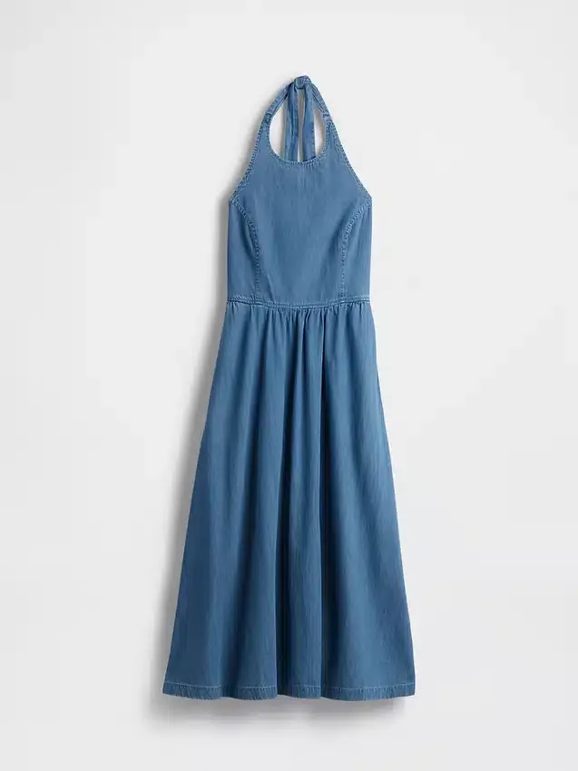 Maxikjole i denim med halterneck og bånd i ryggen