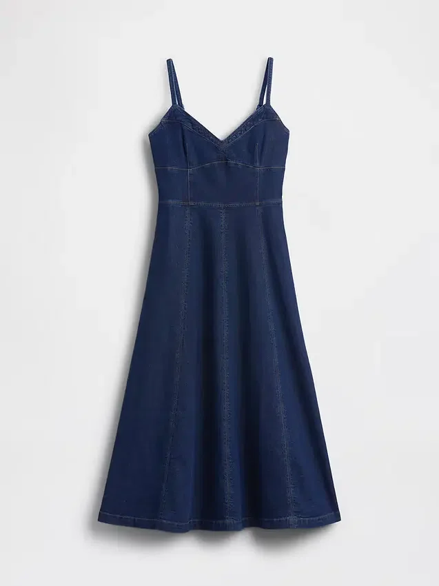 Maxikjole i denim med korsettsøm