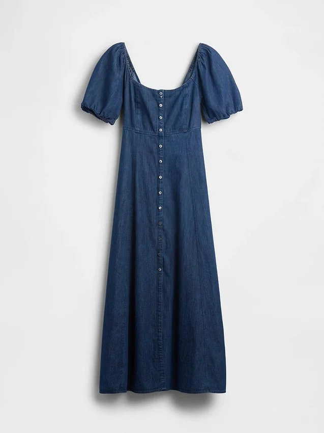 Maxikjole i denim med puffermmer og knapper foran