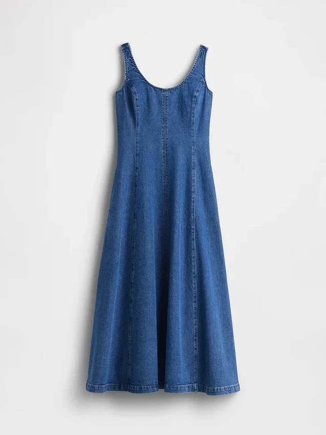 Maxikjole i denim med rund hals