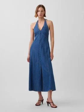 Maxikjole i denim med sømmer og halterneck