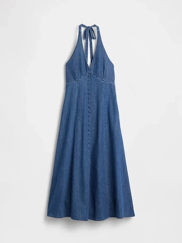 Maxikjole i denim med sømmer og halterneck