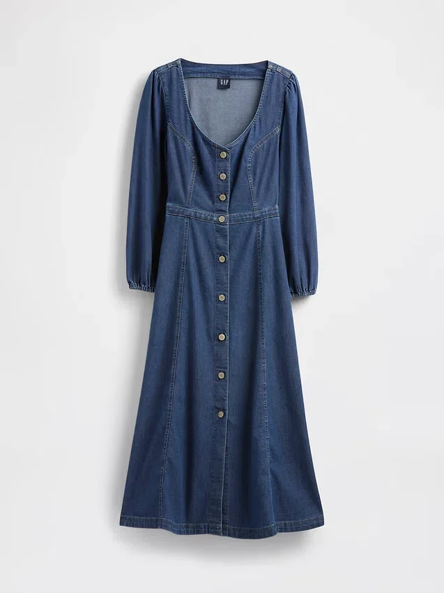 Midi-kjole i denim med hjerteutskjæring