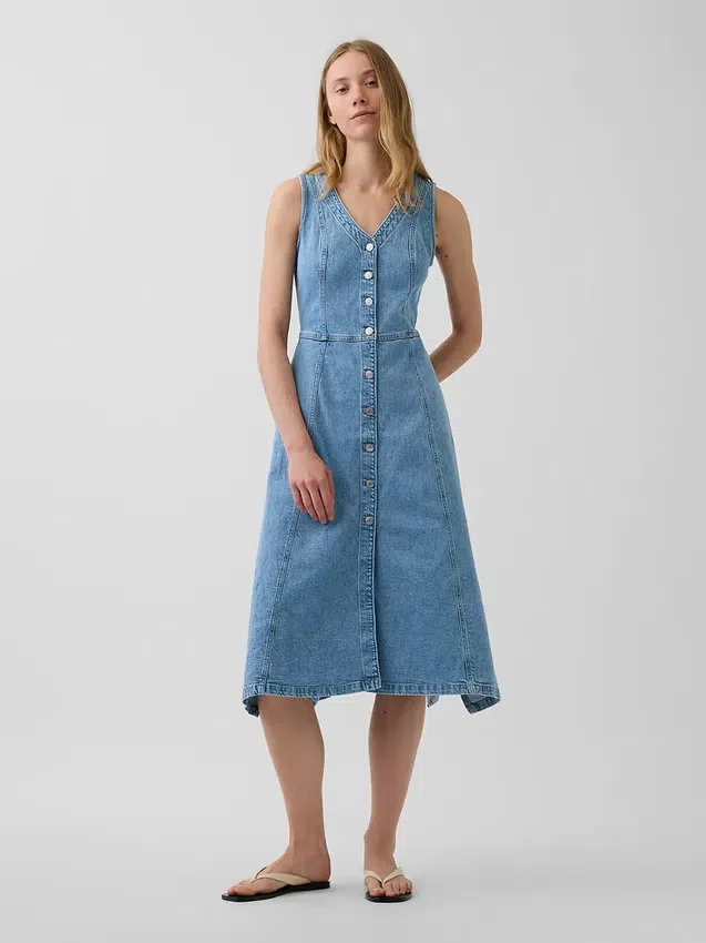 Midi-kjole i denim med håndklekant