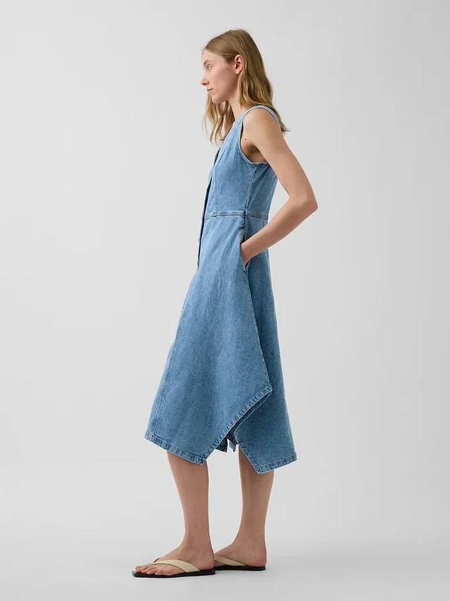 Midi-kjole i denim med håndklekant