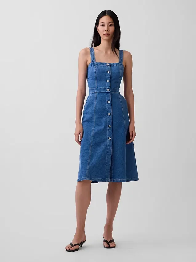 Midi-kjole i denim med knapper foran