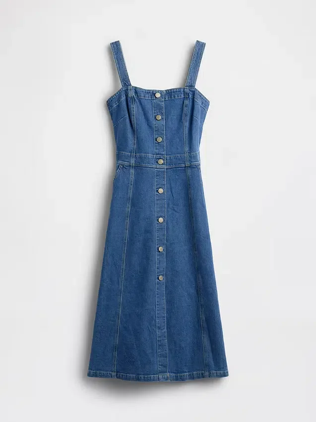 Midi-kjole i denim med knapper foran