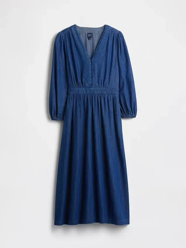 Midi-kjole i denim med lappet midje