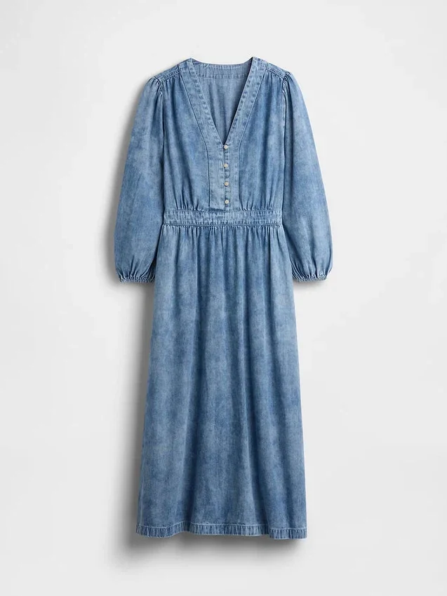 Midi-kjole i denim med lappet midje