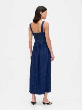 Midi-kjole i denim med lav midje og korsett