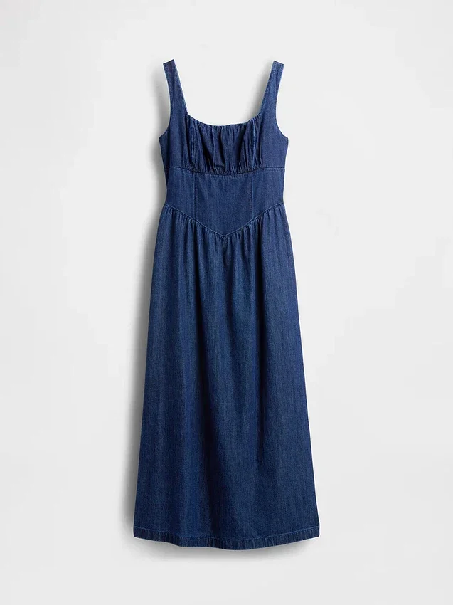 Midi-kjole i denim med lav midje og korsett