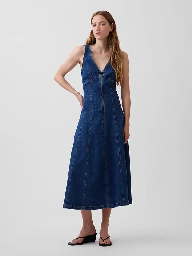 Midi-kjole i denim med sømmer og glidelås foran