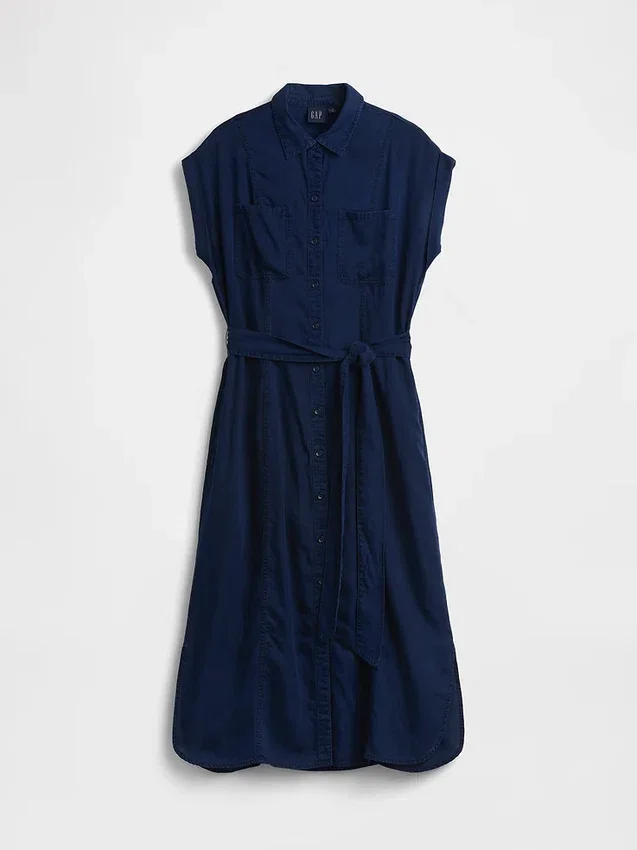 Midi-kjole i denim med snøring i livet