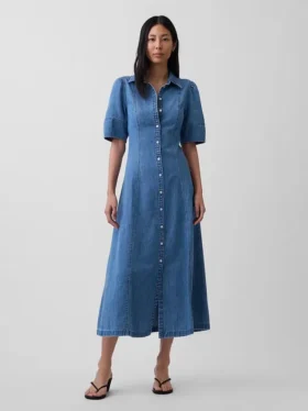 Midi-skjortekjole i denim med buede ermer