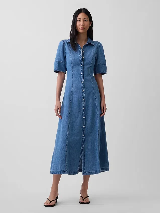 Midi-skjortekjole i denim med buede ermer